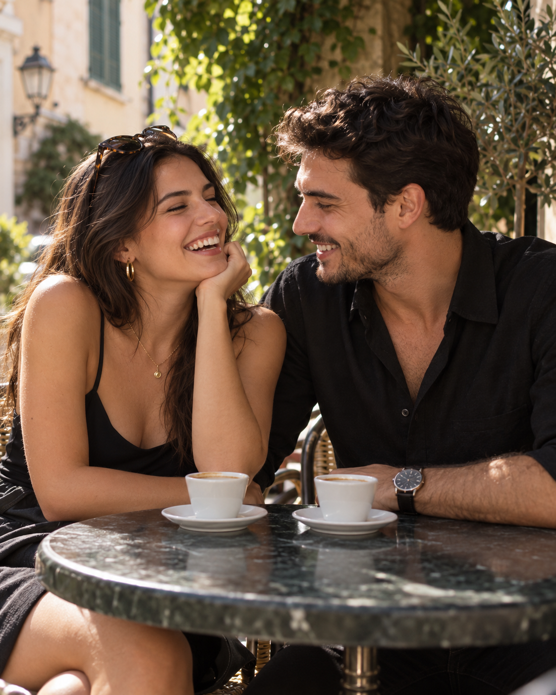 Një çift duke qeshur së bashku në një kafe